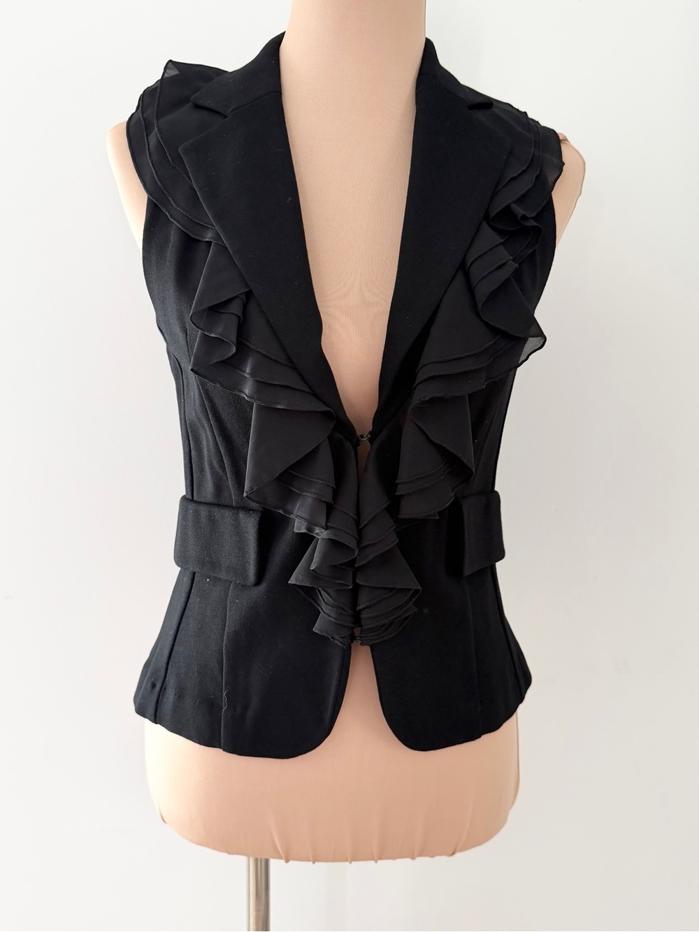 Black Ruffled Front Sleeveless Blazer Vest
